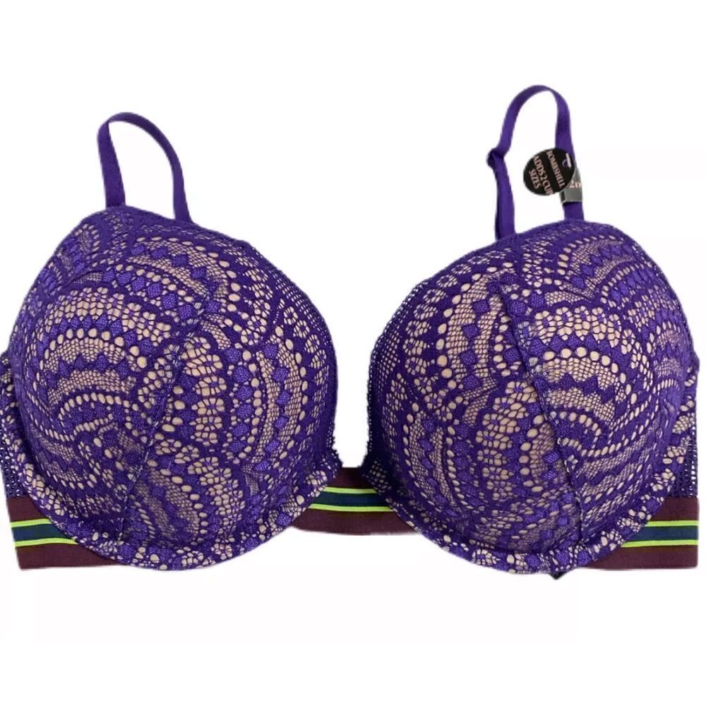 Victoria’s Secret Bombshell Plunge padded adds 2 cups lace mesh bra purple 32D